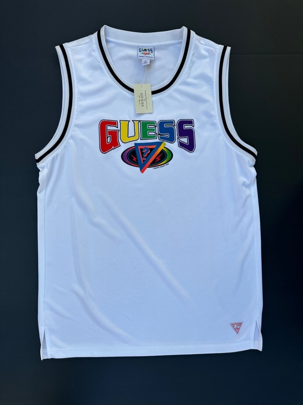 New Guess White Tank Top with Rainbow Logo and Black Trim SZ L